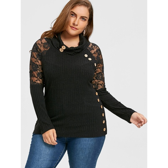 Plus Size Lace Shoulder Button Embellished Sweater - Picture 5 of 8